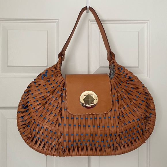 kate spade Handbags - Kate Spade Leather Basket Weave Shoulder Hand Bag Natural Tan and Blue Stunning!